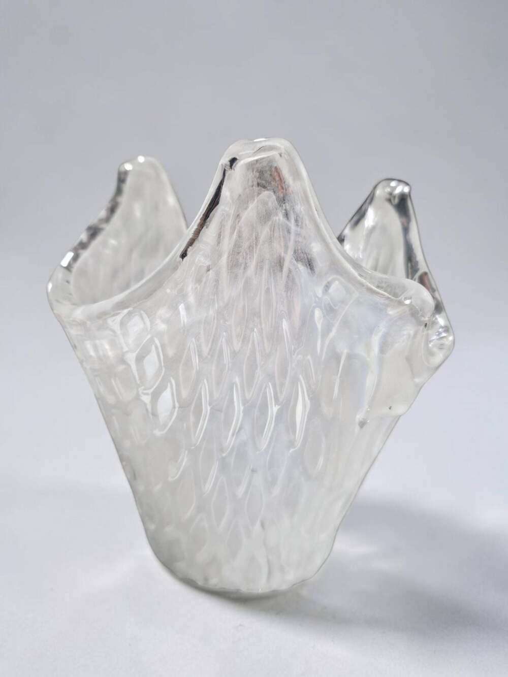 Vintage Murano Hand Blown White and Clear Art Glass Handkerchief Vase